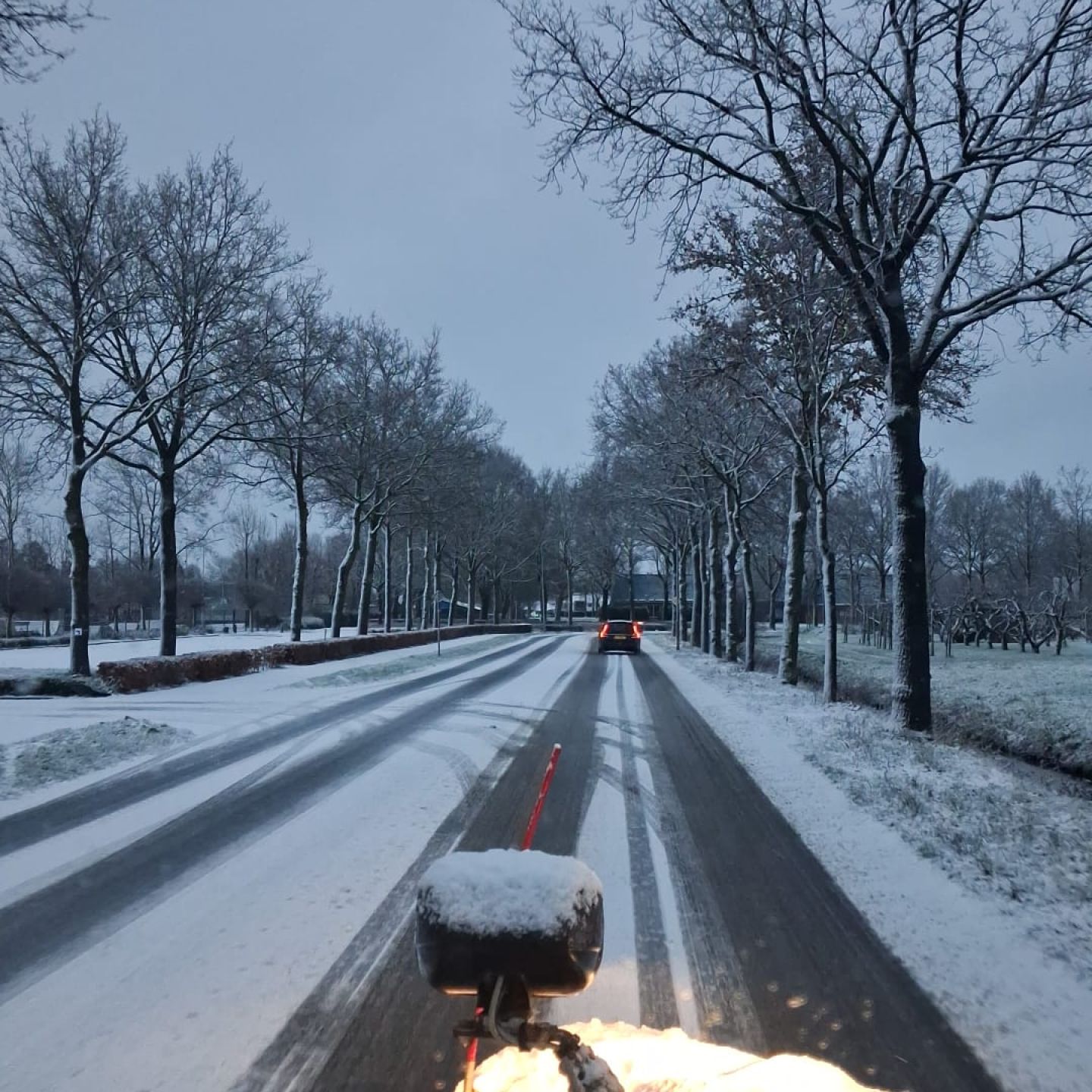 Uitzicht vanaf een sneeuwschuif op een Avri-voertuig dat een besneeuwde weg vrijmaakt, met kale bomen langs de weg en winterse omstandigheden.