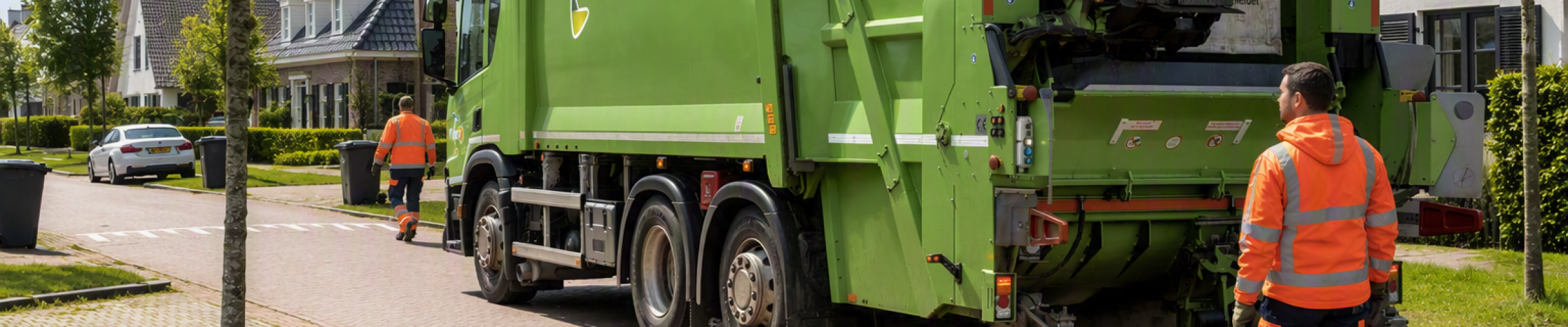 Afvalinzamelvoertuig van Avri in een woonwijk, met twee medewerkers die ,containers inzamelen langs de straat.