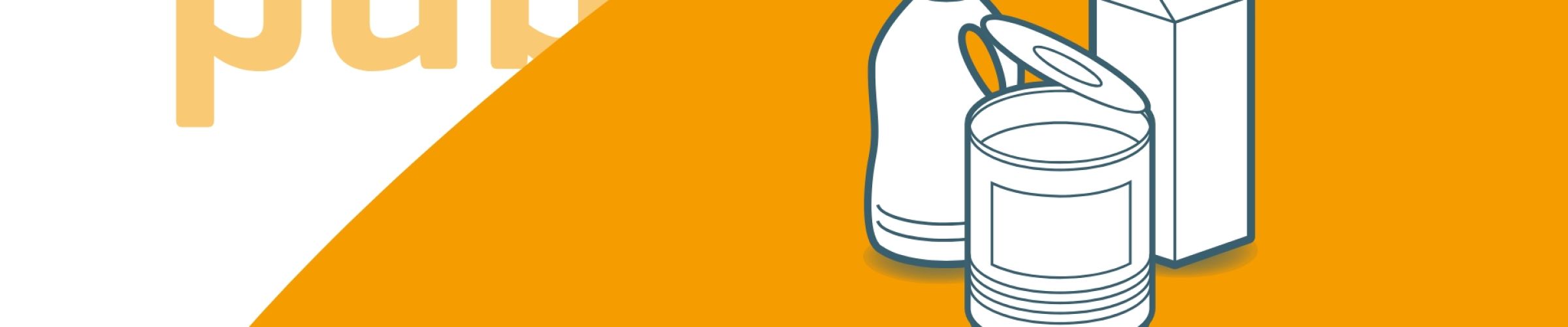 Illustratie met de tekst “pdb wordt pmd” en pictogrammen van een plastic fles, conservenblik en drinkpak op een oranje achtergrond.