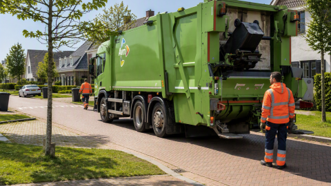 Afvalinzamelvoertuig van Avri in een woonwijk, met twee medewerkers die ,containers inzamelen langs de straat.